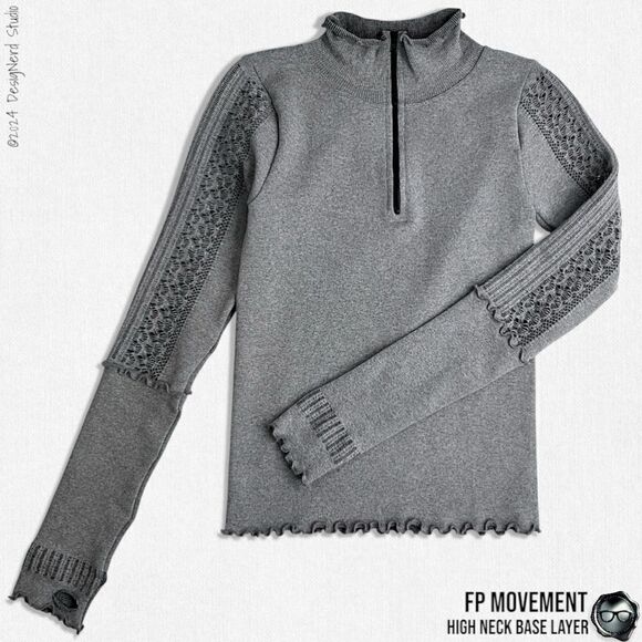 FP MOVEMENT RUFFLE HIGH NECK BASE LAYER QUARTER ZIP LONG SLEEVE TOP IN GREY - Picture 1 of 14